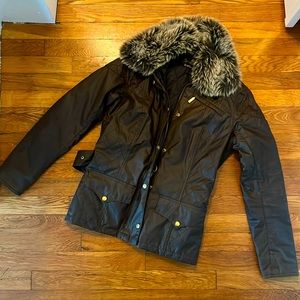 Barbour Womens Wax Jacket Quilted Belt Faux Fur Brown US size 6